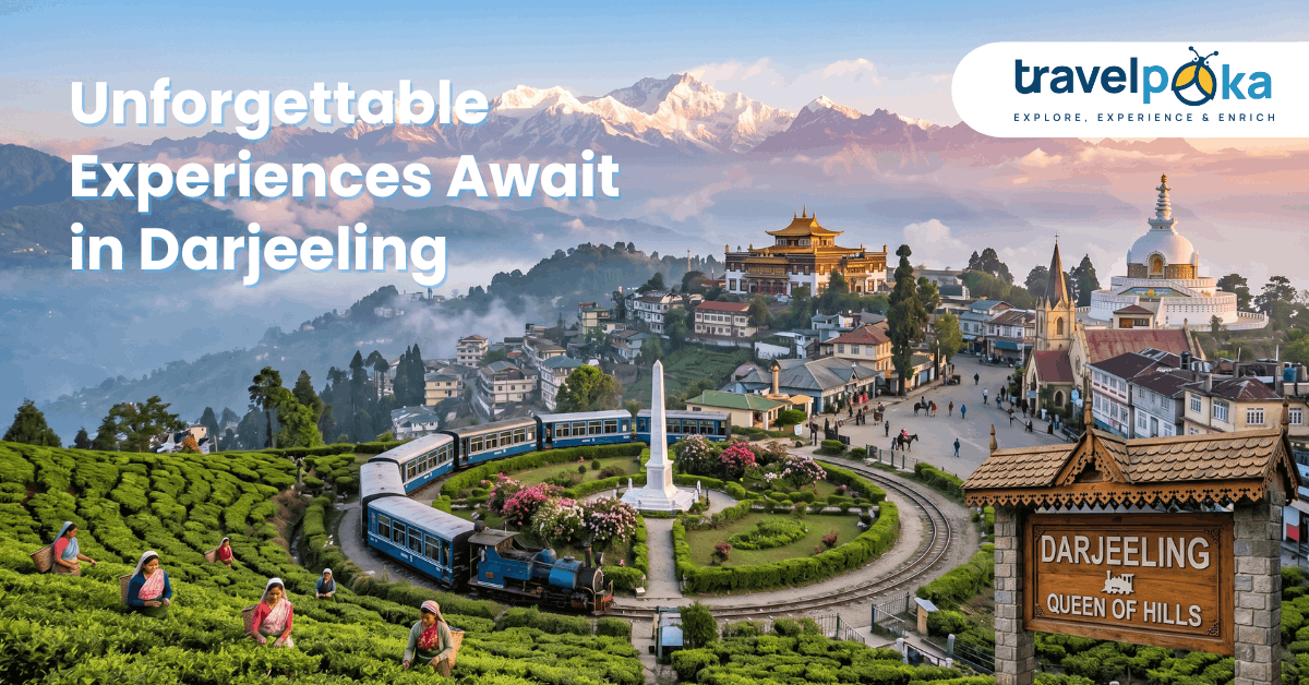 Local women plucking tea leaves in a Darjeeling tea estate with the Himalayan Railway and a Buddhist monastery in the distance.