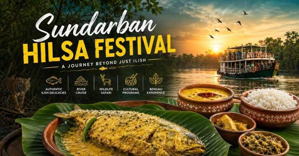 Tourists enjoying a Sundarbans river cruise alongside authentic Bengali Hilsa cuisine and scenic mangrove landscapes.