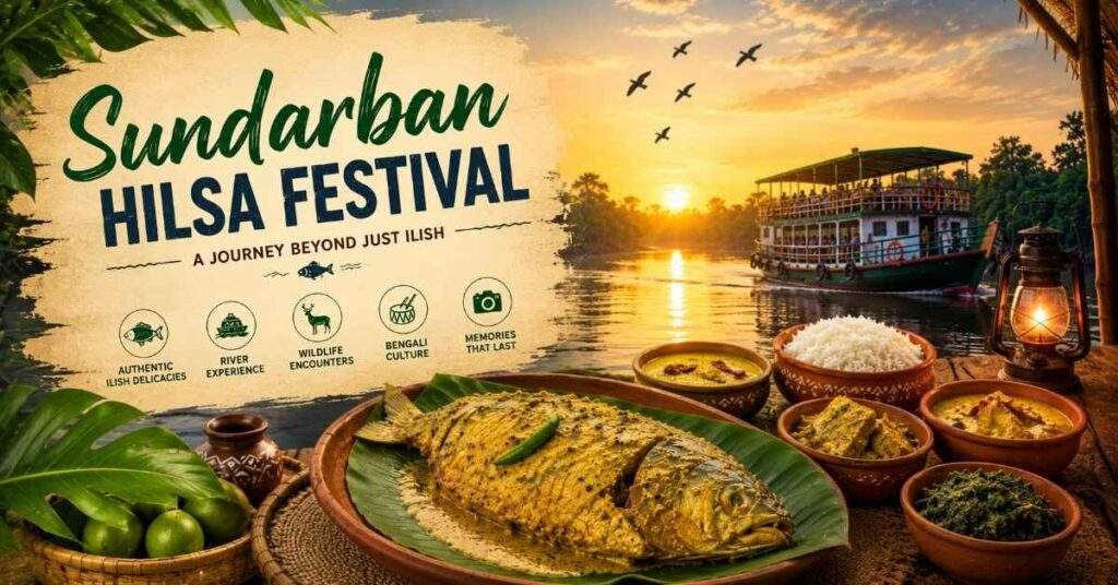 Fresh mustard Hilsa platter with Sundarbans river, mangrove forest and tourist boat during the Ilish Festival.