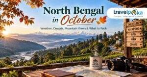 Scenic North Bengal landscape in October with Himalayan mountains, tea gardens, winding roads, travel map, camera, and autumn foliage.