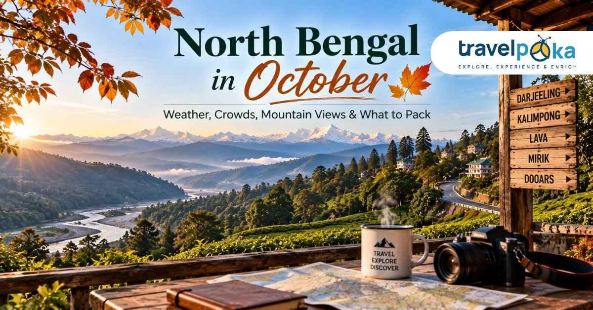 Scenic North Bengal landscape in October with Himalayan mountains, tea gardens, winding roads, travel map, camera, and autumn foliage.