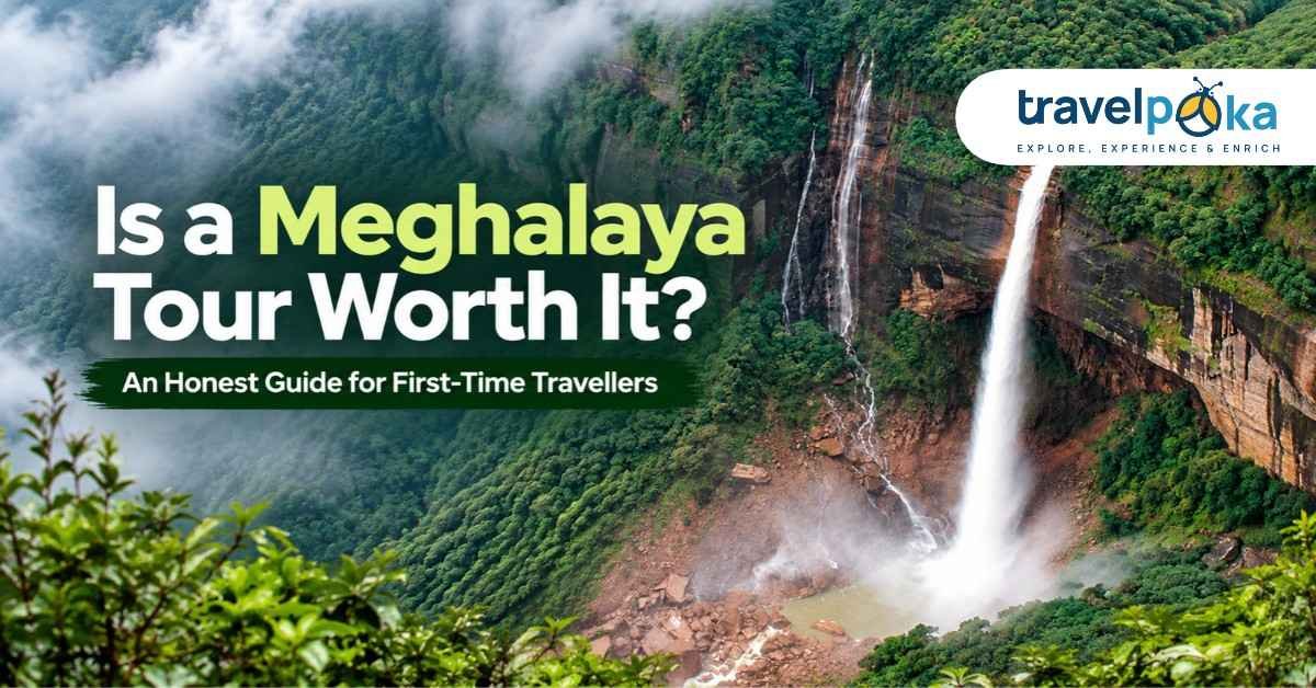 Meghalaya's lush green hills, cascading waterfalls, and scenic landscape for a first-time travel guide.